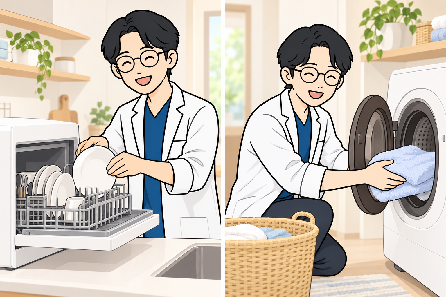 コツコツDr.Gが食洗機にお皿を入れ、洗濯乾燥機にタオルを入れる二場面のイラスト